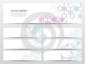 Set of science and technology banners. DNA molecule structure background. Scientific and technological concept. Vector