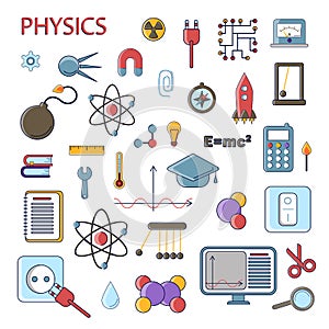 Set of scientific physics vector flat icons, Physics education symbols in colored cute design with physical elements for