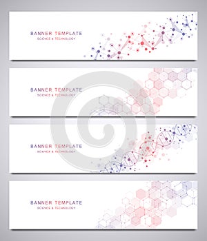 Set of scientific and technological vector banners. Abstract background with molecular structures.