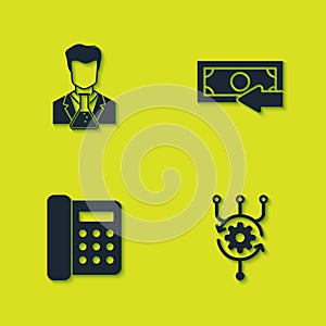 Set Scientist and test tube, Algorithm, Telephone and Cash back icon. Vector