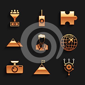 Set Scientist and test tube, Mountains flag, Algorithm, Globe with flying plane, Car DVR and icon. Vector