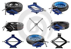 Set with scissor jacks,  cross torque wrenches and wheels on white background