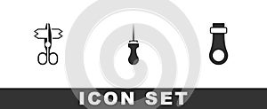 Set Scissors, Awl tool and Zipper icon. Vector