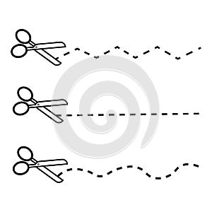 Set of scissors with cut lines. Black scissors cutting. Vector illustration. EPS 10.