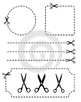 Set Scissors with cut lines. Flat style - stock vector