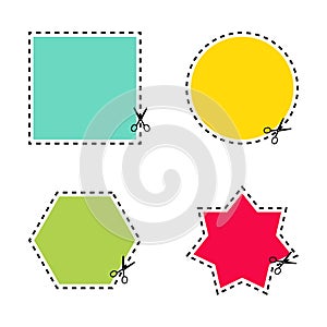 Set of scissors cutting of different colors shapes and lines on white background. Cut coupon. Vector illustration.