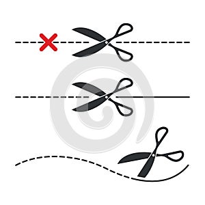 Set of scissors with cutting lines on a white background. Scissors with cut lines, coupon cutting icon