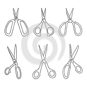 A set of scissors in the Doodle style.Outline drawing by hand.Nail scissors,for sewing, for leather.Black-and-white image of craft