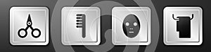 Set Scissors, Hairbrush, Facial cosmetic mask and Towel on a hanger icon. Silver square button. Vector