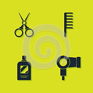 Set Scissors hairdresser, Hair dryer, Bottle of shampoo and Hairbrush icon. Vector