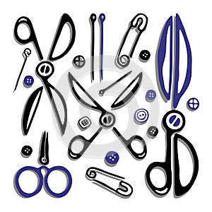 Set of scissors, needles and pins. Black and white logo. Hand drawn icons collection. Vector illustration.