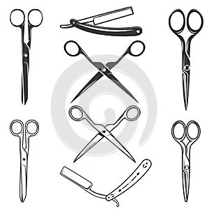 Set of the scissors and razors icons isolated on white background. Design elements for logo, label, emblem, sign, poster.