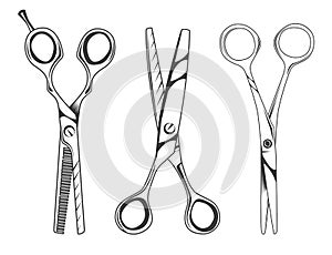 Set of scissors symbol isolated on white background. Opened hair cutting scissors. Barber logo icon