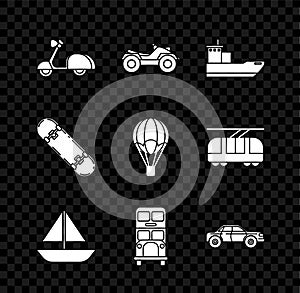 Set Scooter, All Terrain Vehicle or ATV motorcycle, Cargo ship, Yacht sailboat sailing, Double decker bus, Sedan car