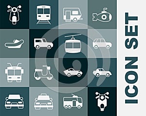 Set Scooter, Car, Rv Camping trailer, Rafting boat, and Cable car icon. Vector