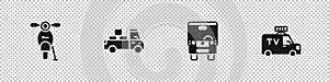 Set Scooter, Delivery truck, Bus and TV News car icon. Vector