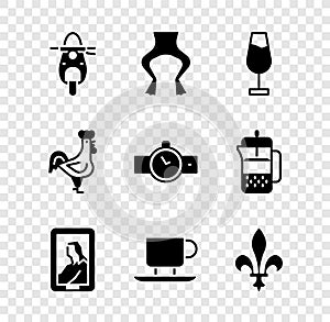 Set Scooter, Frog legs, Wine glass, Portrait museum, Coffee cup, Fleur De Lys, French rooster and Wrist watch icon