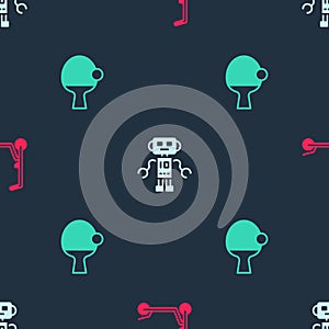 Set Scooter, Robot toy and Racket and ball on seamless pattern. Vector