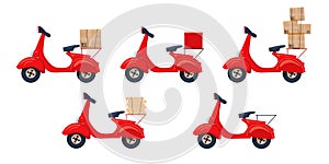 Set of scooter with various types of parcel and package. Vector cartoon illustration of red retro Scooter. Fast Delivery