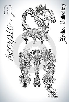 Set with Scorpio zodiac sign and mascot drawing.