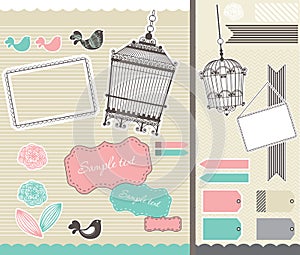 Set for scrapbooking with birdcage and frames