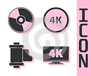 Set Screen tv with 4k, CD or DVD disk, Camera vintage film roll cartridge and 4k Ultra HD icon. Vector