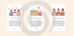 Set of screens for mobile online shopping app. Concept of e-commerce store. Discount label with shopping bags and gifts