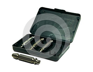 Set of screw extractors in a black plastic box, isolated on a white background