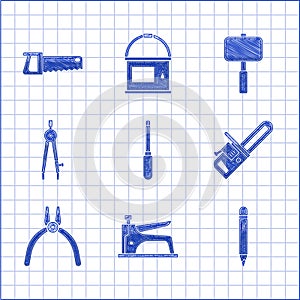 Set Screwdriver, Construction stapler, Pencil with eraser, Chainsaw, Pliers tool, Drawing compass, Sledgehammer and Hand