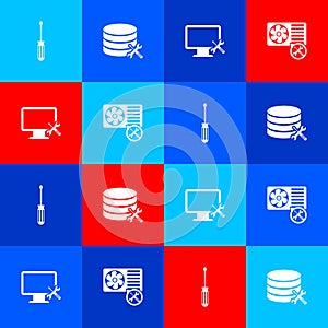 Set Screwdriver, Database server service, Computer monitor and Air conditioner icon. Vector