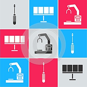 Set Screwdriver, Solar energy panel and Robotic robot arm hand factory icon. Vector