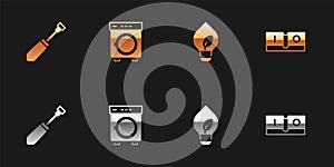 Set Screwdriver, Washer, Light bulb with leaf and Electric light switch icon. Vector