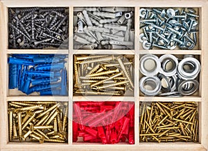 Set screws, screws, dowels in the box