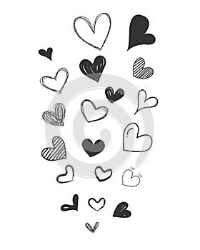 Set of scribble black hearts. Collection of heart shapes draw the hand. Symbol of love. Design elements for decoration.