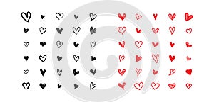 Set of scribble black and red hearts. Collection of heart shapes draw the hand. Symbol of love. Design elements for Valentine`s.