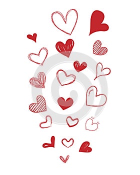 Set of scribble red hearts. Collection of heart shapes draw the hand . Symbol of love. Design elements for wedding card.