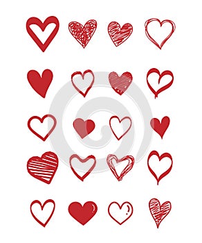 Set of scribble red hearts icon. Collection of heart shapes draw the hand. Symbol of love.