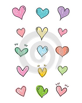 Set of scribble sweet color hearts. Collection of heart shapes draw the hand. Symbol of love. Design elements for Valentine`s Day.