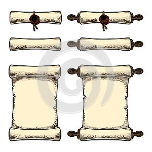 Set scroll with seal isolated on white background. Vector engraving