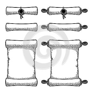 Set scroll with seal isolated on white background. Vector engraving