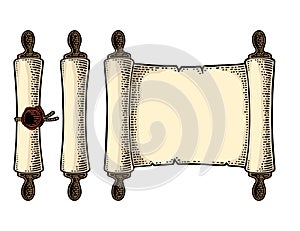 Set scroll with seal isolated on white background. Vector engraving