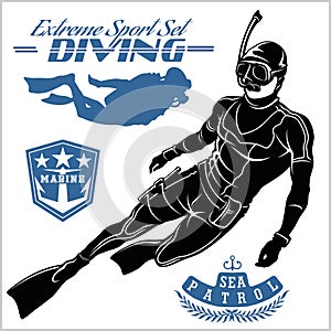 Set of scuba diver silhouette and diving labels photo