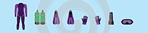 Set of scuba diving cartoon icon design template with various models. vector illustration isolated on blue background