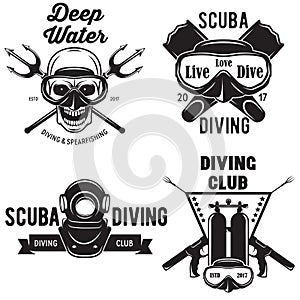 Set of Scuba diving club and diving school badges with design elements. Concept for shirt or logo, print