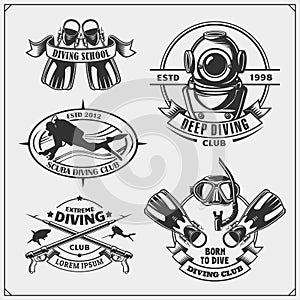 Set of Scuba diving emblems. Underwater swimming and spearfishing labels, logos and design elements.