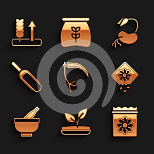 Set Scythe, Sprout, Pack full of seeds of plant, Mortar and pestle, Scoop flour, and Wheat icon. Vector