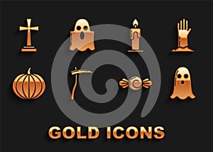 Set Scythe, Zombie hand, Ghost, Candy, Pumpkin, Burning candle, Tombstone with cross and icon. Vector