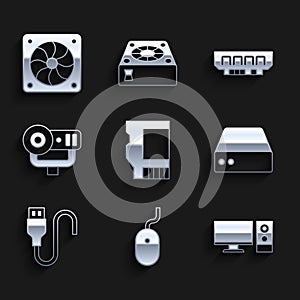 Set SD card, Computer mouse, monitor, Server, Data, Web Hosting, USB cable cord, camera, RAM, random access memory and