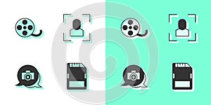 Set SD card, Film reel, Photo camera and Camera focus frame line icon. Vector