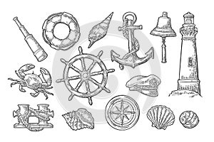 Anchor, wheel, bollard, hat, compass rose, shell, crab, lighthouse engraving